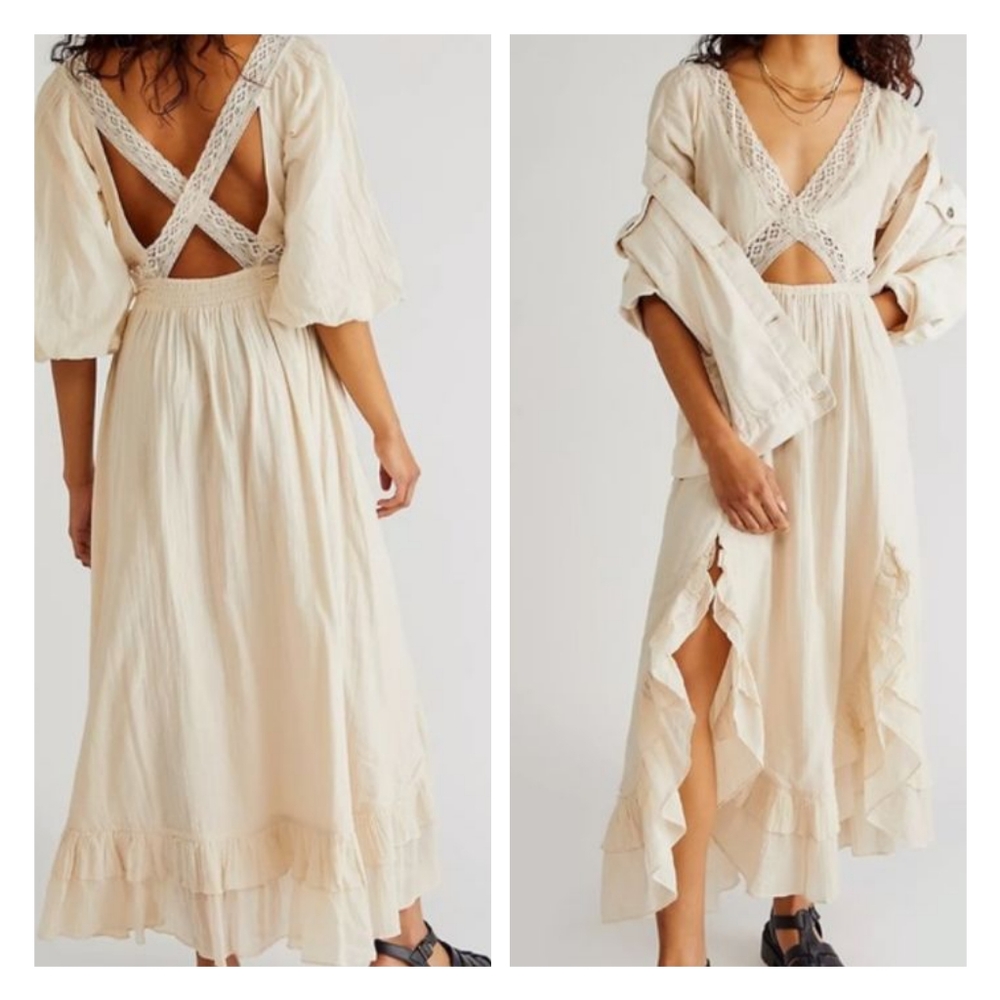 RARE Free People Endless Summer X's and O's Maxi Dress Cream Cutout Lace